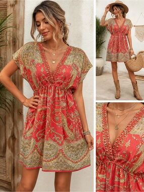 Angie‎ Boho Paisley Mini Dress Medium Studded Neckline Coral Festival Tunic